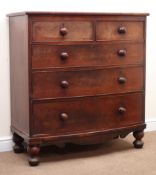 19th century mahogany bow front chest, two short and three long graduating drawers, turned supports,