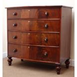 Mid 19th century flame grain mahogany bow front chest, four long drawers, cushion moulded frame,