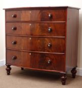 Mid 19th century flame grain mahogany bow front chest, four long drawers, cushion moulded frame,