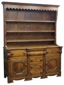 19th century oak dresser, raised three tier plate rack with turned half column moulding,