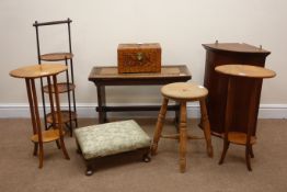 19th century rectangular carved oak stool, shaped solid end supports joined by single stretcher,