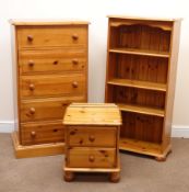 Solid pine chest, five drawers, plinth base (W66cm, H119cm, D44cm) a pine bedside chest,