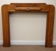 Art Deco oak fire surround, shaped raise back, carved detailing, W141cm, H125cm,