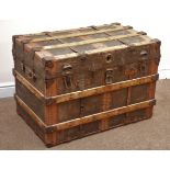 Vintage wood and metal bound travelling trunk, hinged lid, W90cm, H63cm,