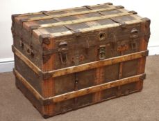 Vintage wood and metal bound travelling trunk, hinged lid, W90cm, H63cm,