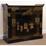Chinese cocktail cabinet depicting village scene, raised shaped sides, two side doors,