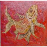 Ann Lamb (British 1955-): Coy Carp, mixed media on canvas signed 58.