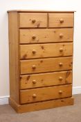 Large solid waxed pine chest, moulded top, two short and five long drawers, plinth base, W87cm,