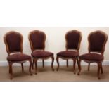 Set four 19th century dining chairs, shaped cresting rail, upholstered back and seat,