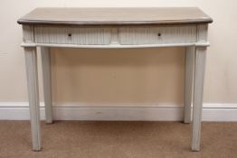 Painted bow fronted side table, two frieze drawers, square tapering supports, W100cm, H77cm,