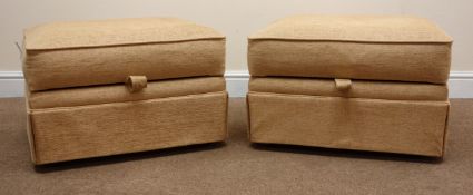 Two storage footstools, hinged lid, upholstered in a beige fabric, W56cm, H40cm,