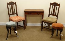 Two early 20th century oak dining chairs, shaped cresting rail, carved splat, upholstered seat,