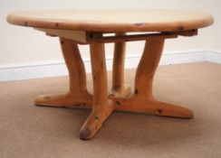 Circular pine extending coffee table, single leaf, arched sledge supports, W149cm, H54cm,