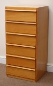 Vintage light wood chest, six drawers, platform base, W46cm, H97cm,