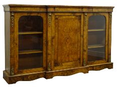 Victorian inlaid figured and burr walnut breakfront credenza,