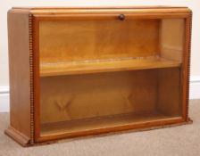 Vintage beech framed shop display cabinet, glazed fall front enclosing single shelf, W76cm, H50cm,