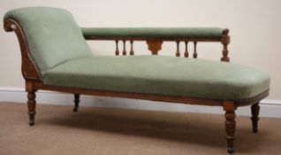 Edwardian walnut framed chaise longue, scrolled arm, turned supports,