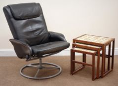 Retro leather swivel chair, circular metal support (W70cm) and teak nest of tables,