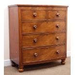 Victorian mahogany chest, two short and three long cockbeaded graduating drawers, turned supports,