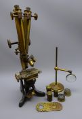 Late 19th century brass binocular microscope, with rack and pinion coarse and fine adjust E.