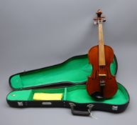 Late 19th century French JTL violin with 36cm two-piece maple back and ribs and spruce top,