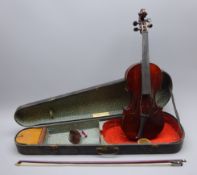 Late 19th century French violin c1890 with 36cm two-piece maple back and ribs and spruce top L59.