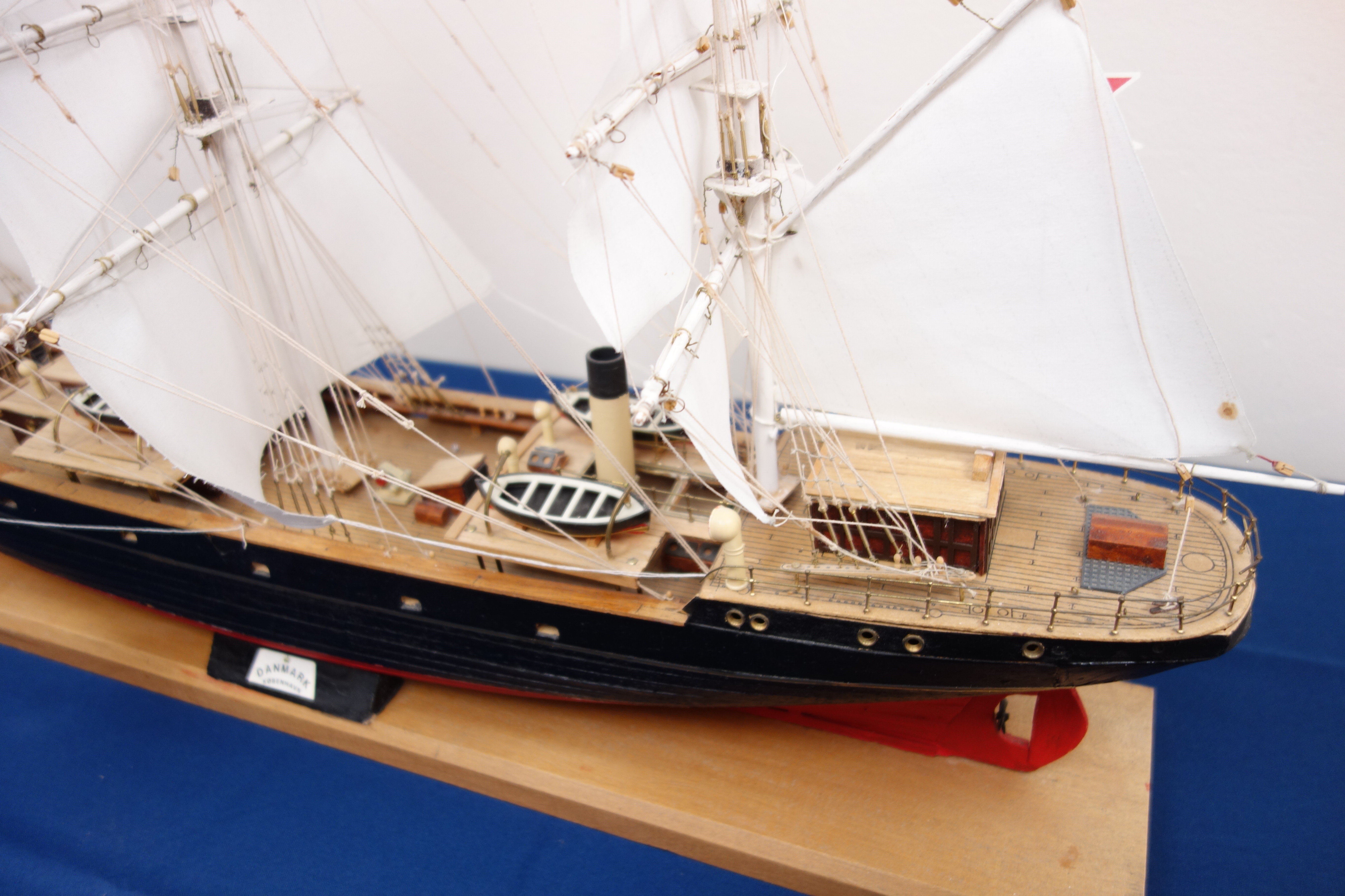 Scale model of the Danish three masted Training Ship 'Danmark' fully rigged on integral stand, - Image 3 of 3