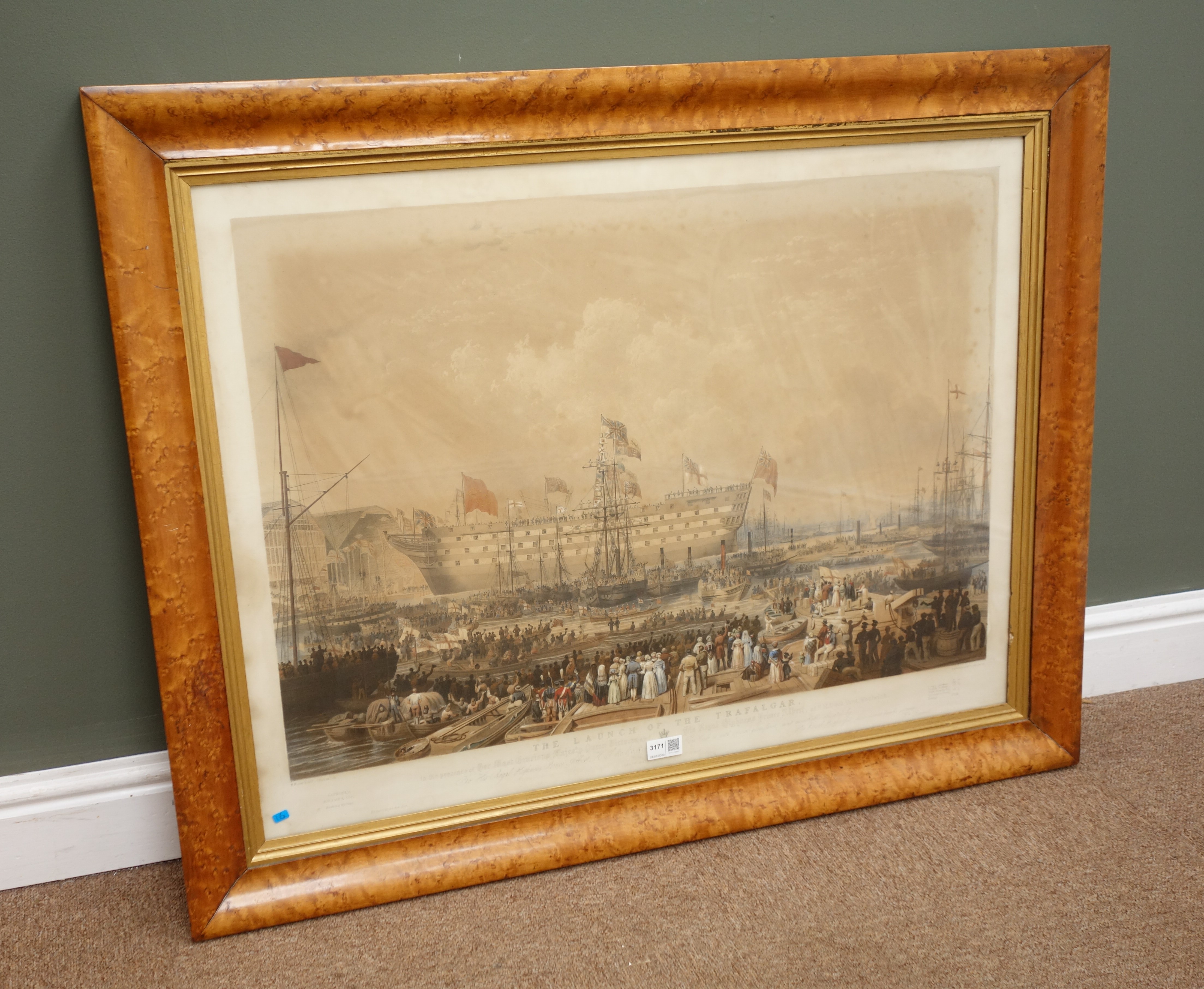 Large 19th century coloured engraving after Ranwell 'The Launch of the Trafalgar' in the presence