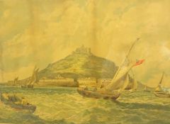 Victorian chromolithograph, study of fishing boats off the coast in a choppy sea,