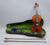 Early 20th century French violin with 36cm one-piece maple back (split) and ribs and spruce top,