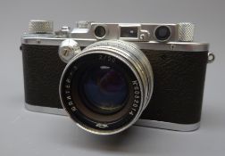 Leica 35mm film camera, Ernst Leitz Wetzlar D.R.P. No.148432, with Jupiter -8 2/50 lens No.