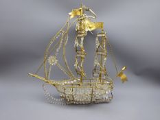 Unusual openwork metal hanging light fitting in the form of a two masted Galleon with lifeboats and