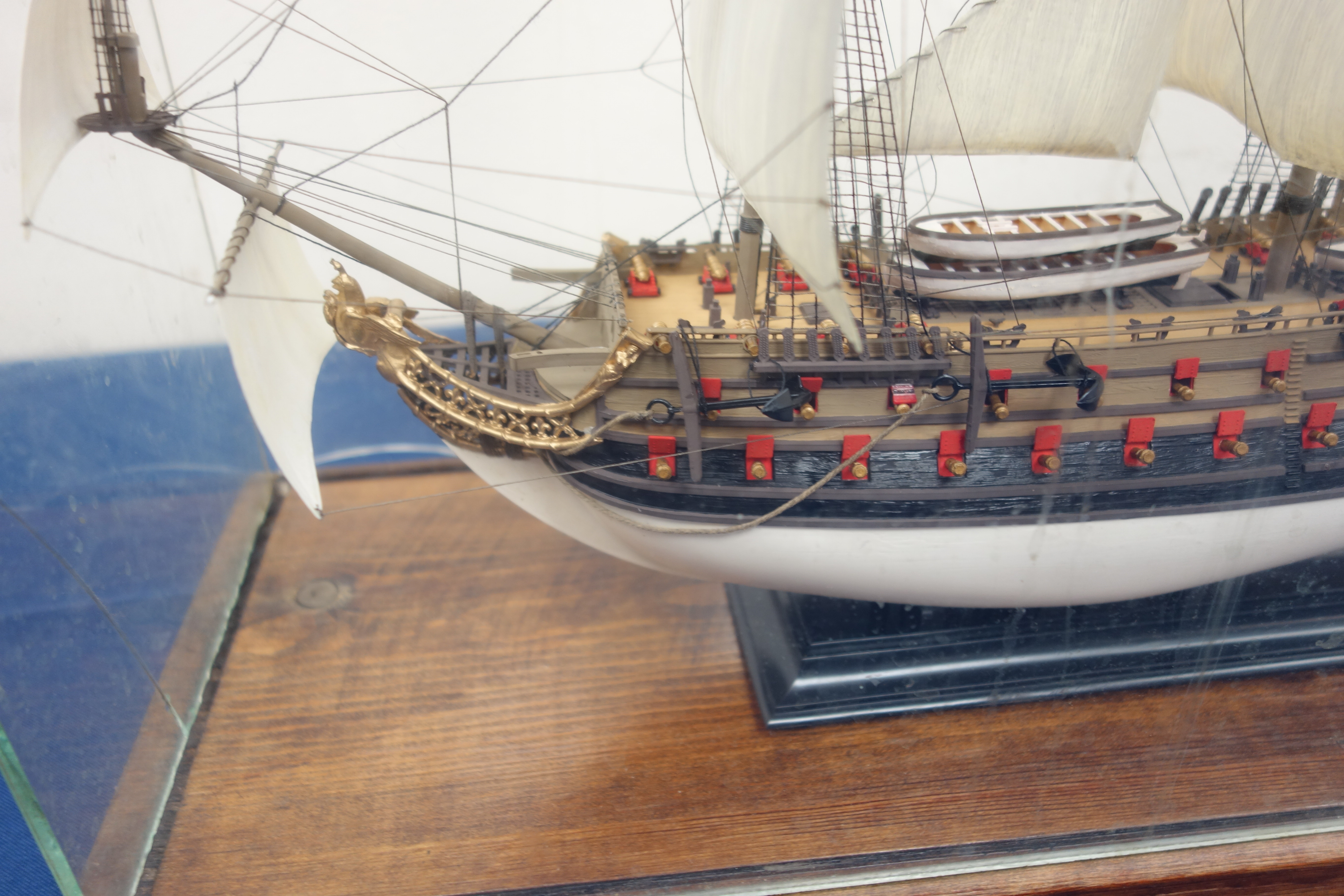 Kit made scale model of the twin masted sailing vessel HMS Phenix, in glazed case, W51cm, 45cm, - Image 3 of 4