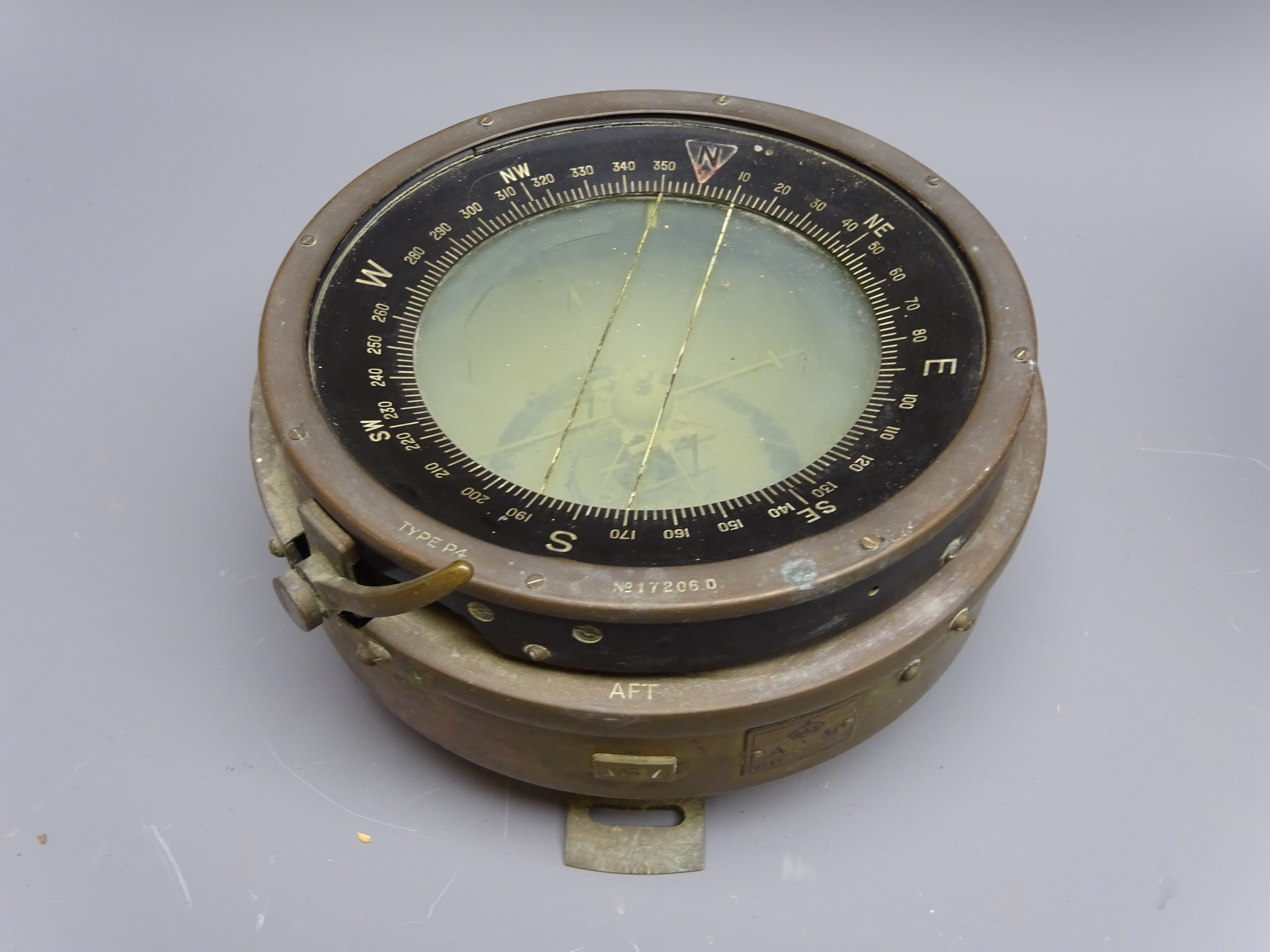 WW2 aircraft compass, bezel stamped Type P4 No.17206D, body stamped AFT with AM plaque REF No.6A/0.