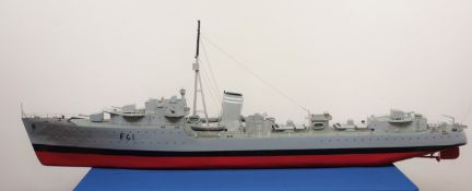 Large scale model of the Destroyer Javelin F61 painted in battle colours, with plans, L178cm, W22cm,