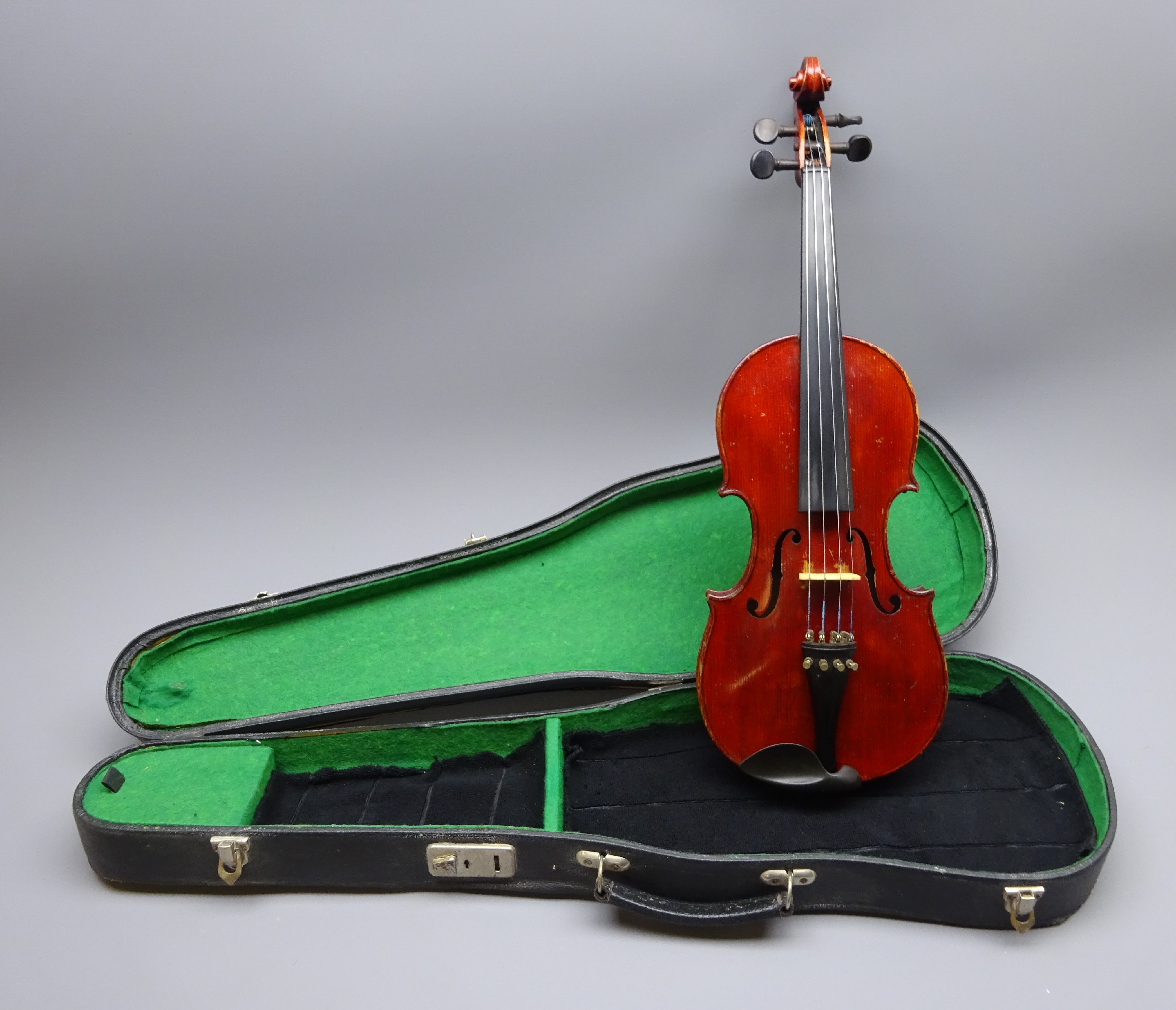 Early 20th century violin, French or German, with 36cm one-piece maple back and ribs and spruce top,