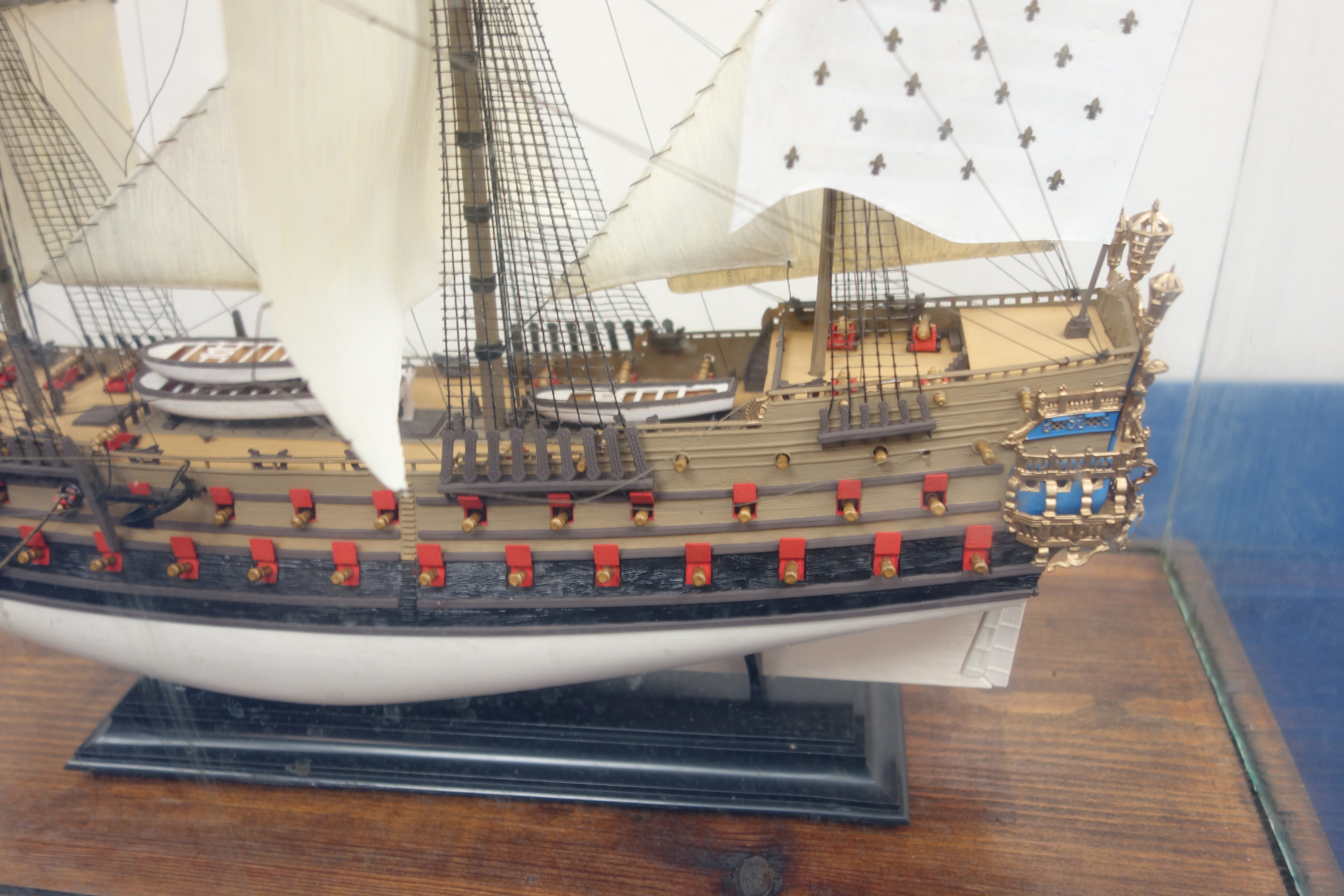 Kit made scale model of the twin masted sailing vessel HMS Phenix, in glazed case, W51cm, 45cm, - Image 4 of 4