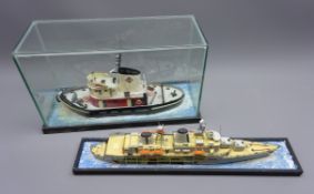 Kit built waterline scale model of the Tug Lady Cecilia, in perspex case, L47.