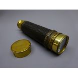 Late 19th century brass three-drawer pocket telescope with rope bound leather covered barrel,