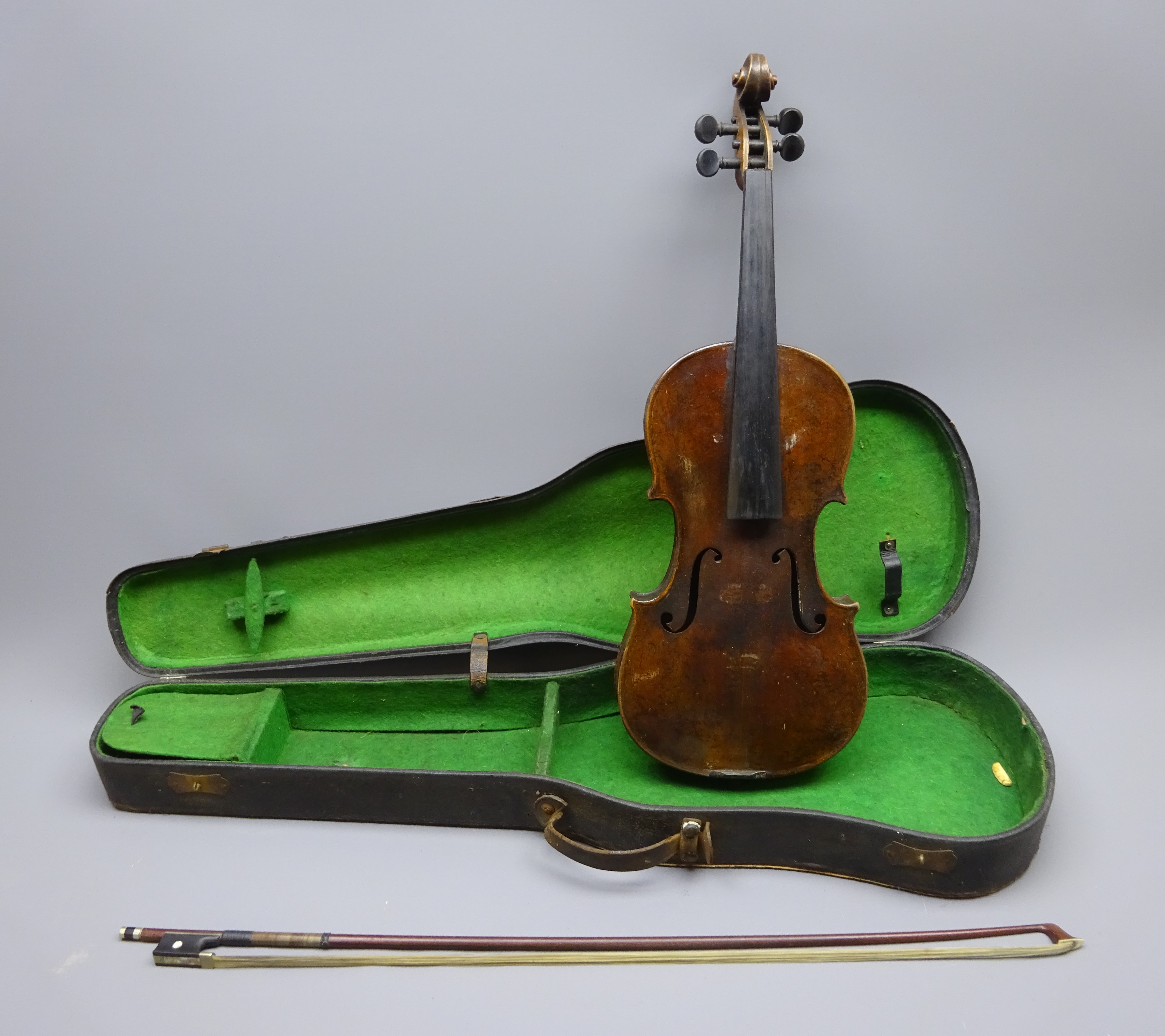 Late 19th century German violin with 36cm two-piece maple back and ribs and spruce top,