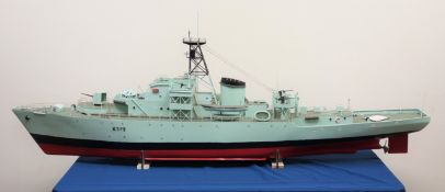 Large scale model of the Weather Survey Vessel Rushen Castle, on stand, L178cm, W22cm, H61cm.