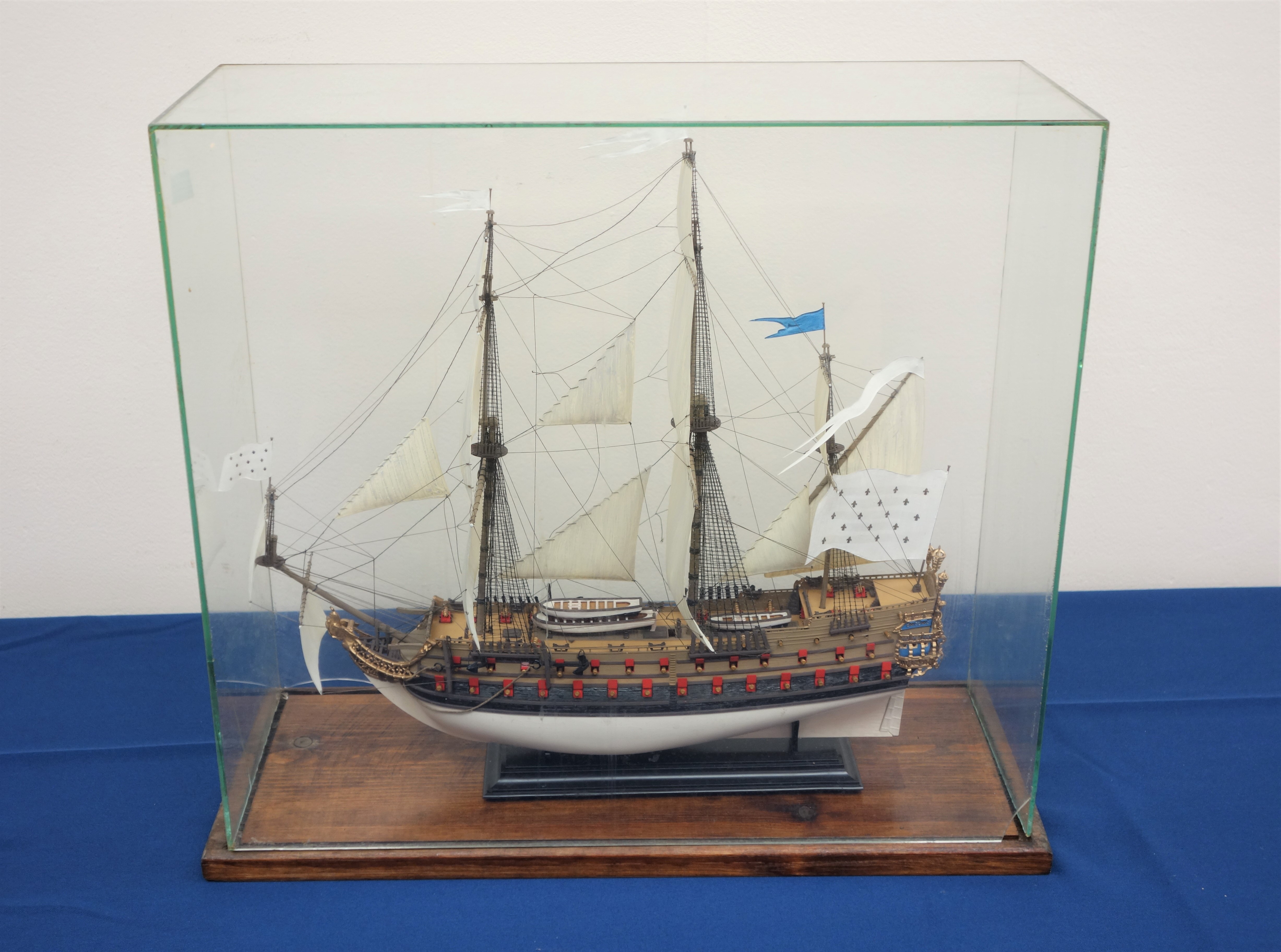 Kit made scale model of the twin masted sailing vessel HMS Phenix, in glazed case, W51cm, 45cm, - Image 2 of 4