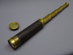 19th century leather bound brass four-drawer telescope with eyepiece cover and end cap,