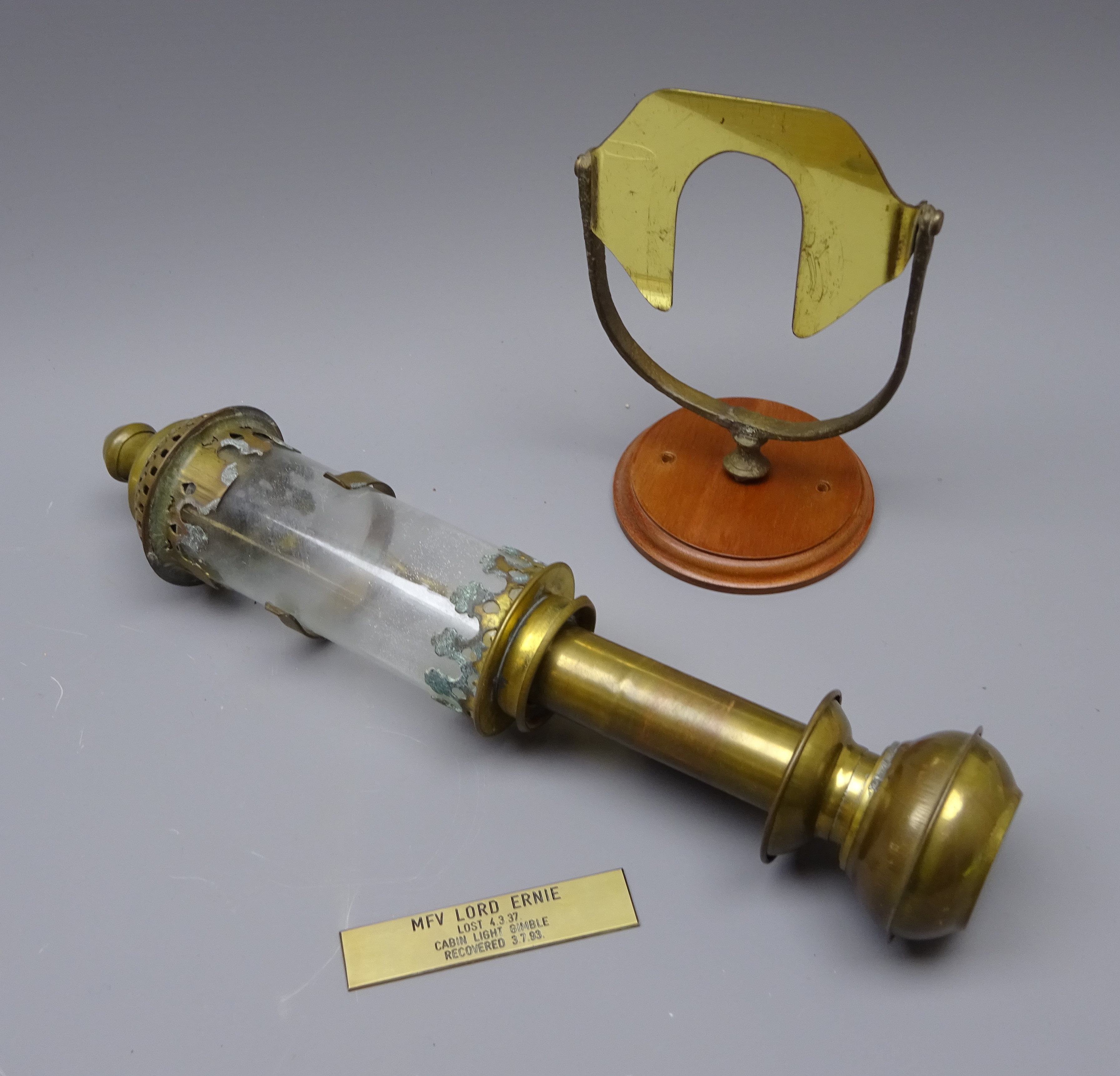 MFV Lord Ernle - A gimbal mounted candle lamp, with later glass shade, H35cm.