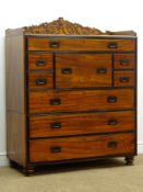 19th century ebonised banded camphor wood two section Naval campaign secretaire chest,