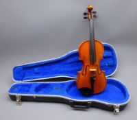 French violin by Mirecourt c1930 with 36cm two-piece maple back and spruce top, L59cm overall,