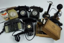 Two black bakelite turn-dial telephones, part candlestick telephone,