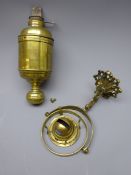 Unusual brass Ships' oil lamp, top stamped Queen Ann, in gimbal mount on dolphin bracket,