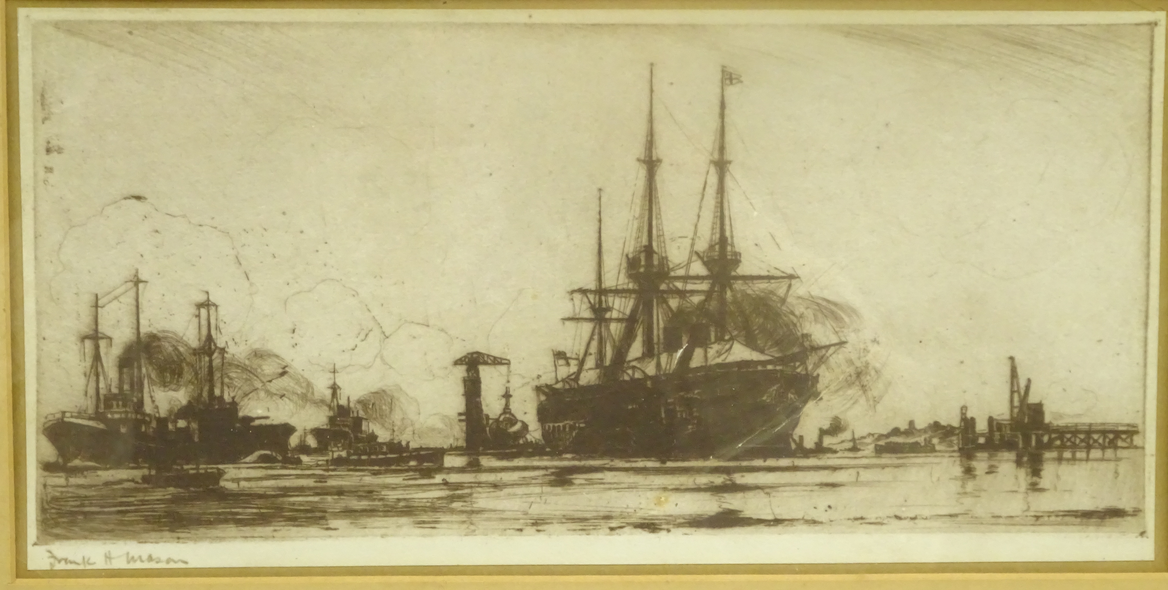 Sail and Steam boats in a busy Port, monochrome print after Frank Henry Mason, 12.