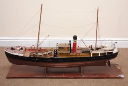 Large scale model of the Hull Trawler Davy H213, with planked hull on base.